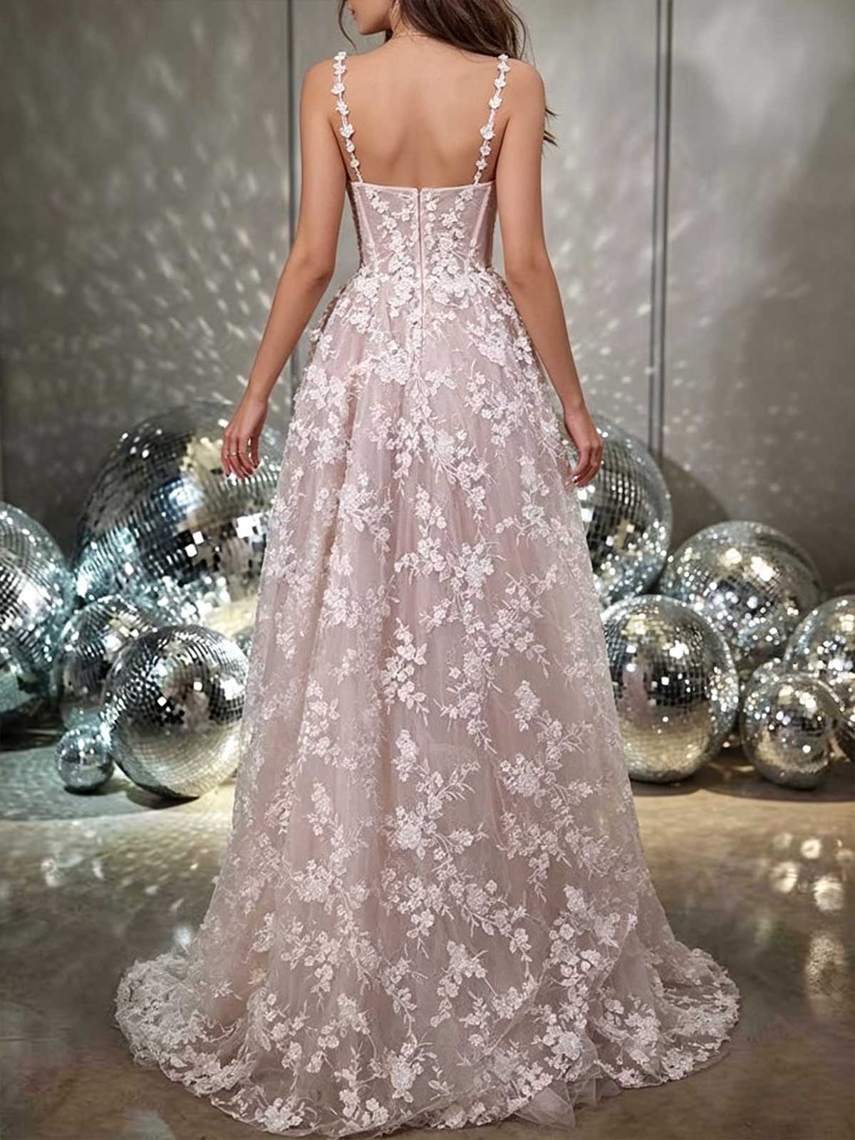 Blush Pink 3D Floral Applique Spaghetti Strap A-Line Prom Gown