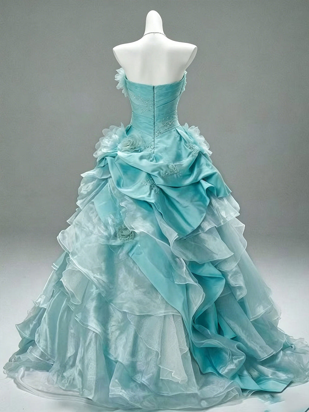 Strapless Aqua Floral Ruffle Layer Tulle A-Line Evening Ball Gown