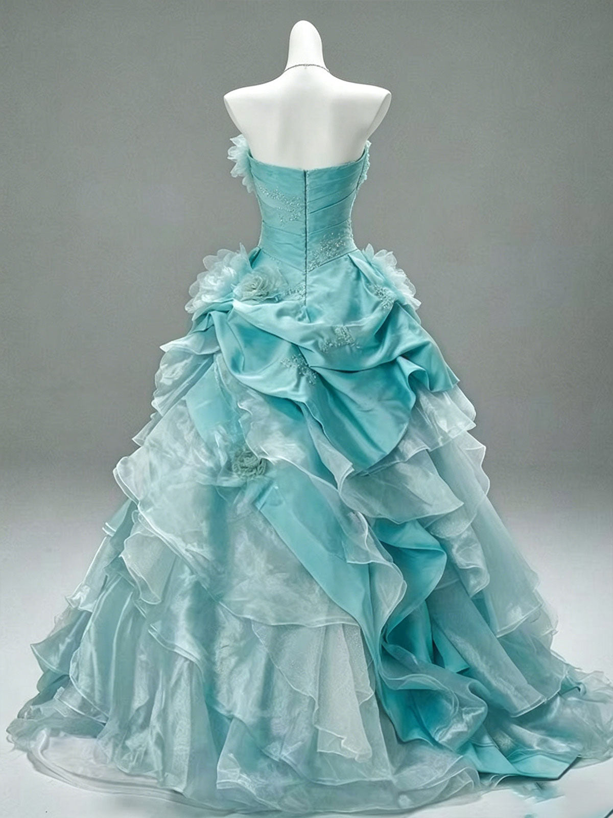 Strapless Aqua Floral Ruffle Layer Tulle A-Line Evening Ball Gown