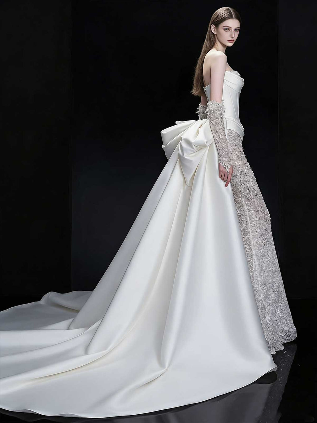 Elegant White Lace Satin Mermaid Wedding Dress with Detachable Train