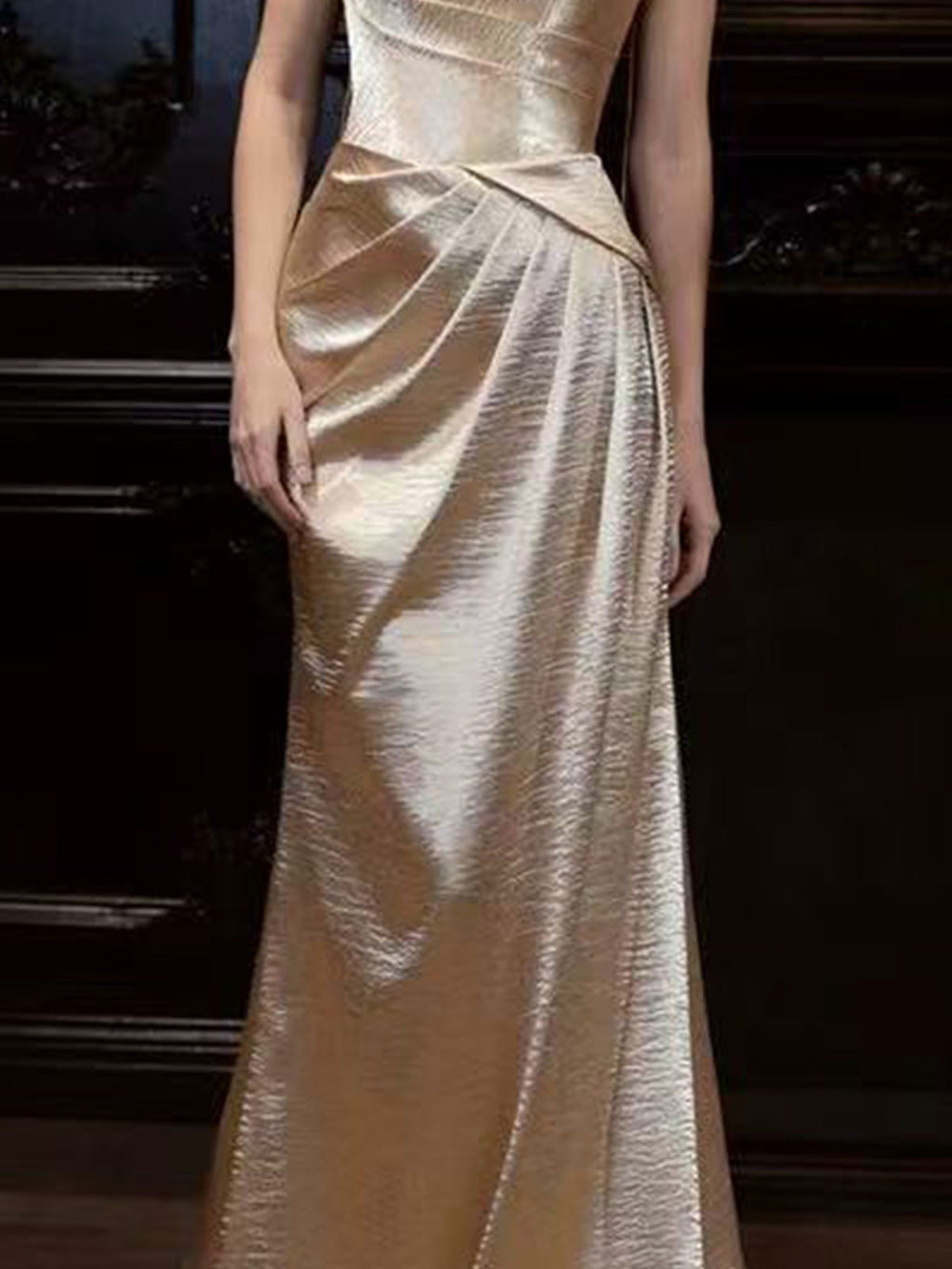 Champagne Satin Mermaid Gown with Halter Strap & Draped Bodice