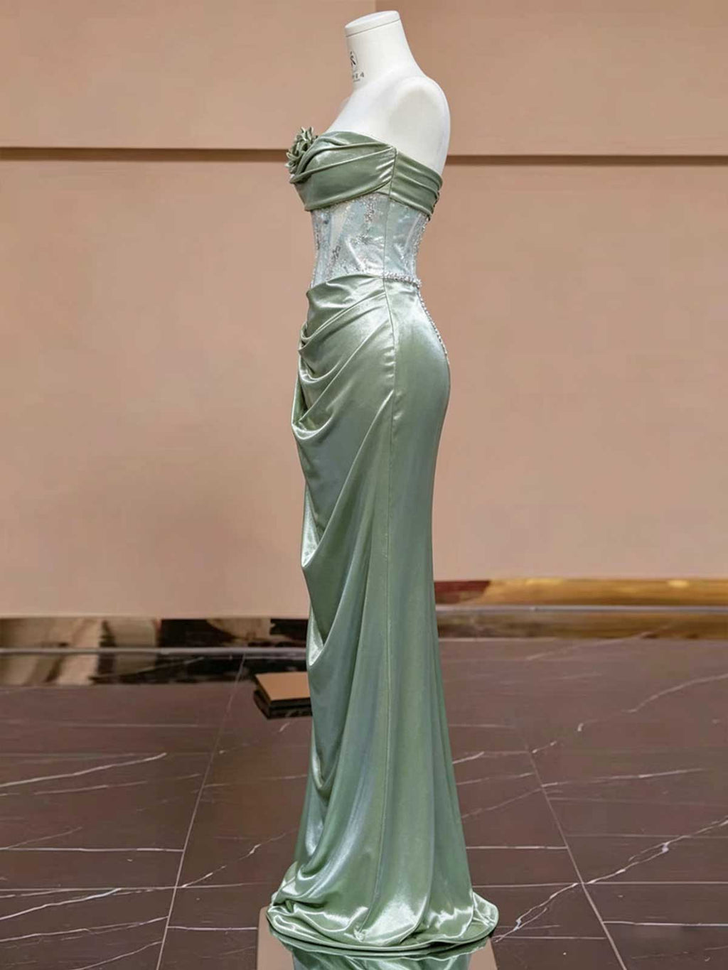 Sage Green Satin Evening Gown