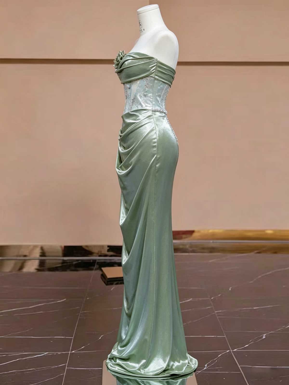 Sage Green Satin Evening Gown