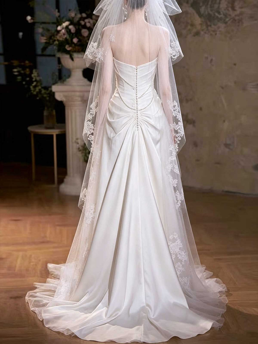 Strapless Satin Sheath Wedding Dress with Pearl Chain & Lace Veil