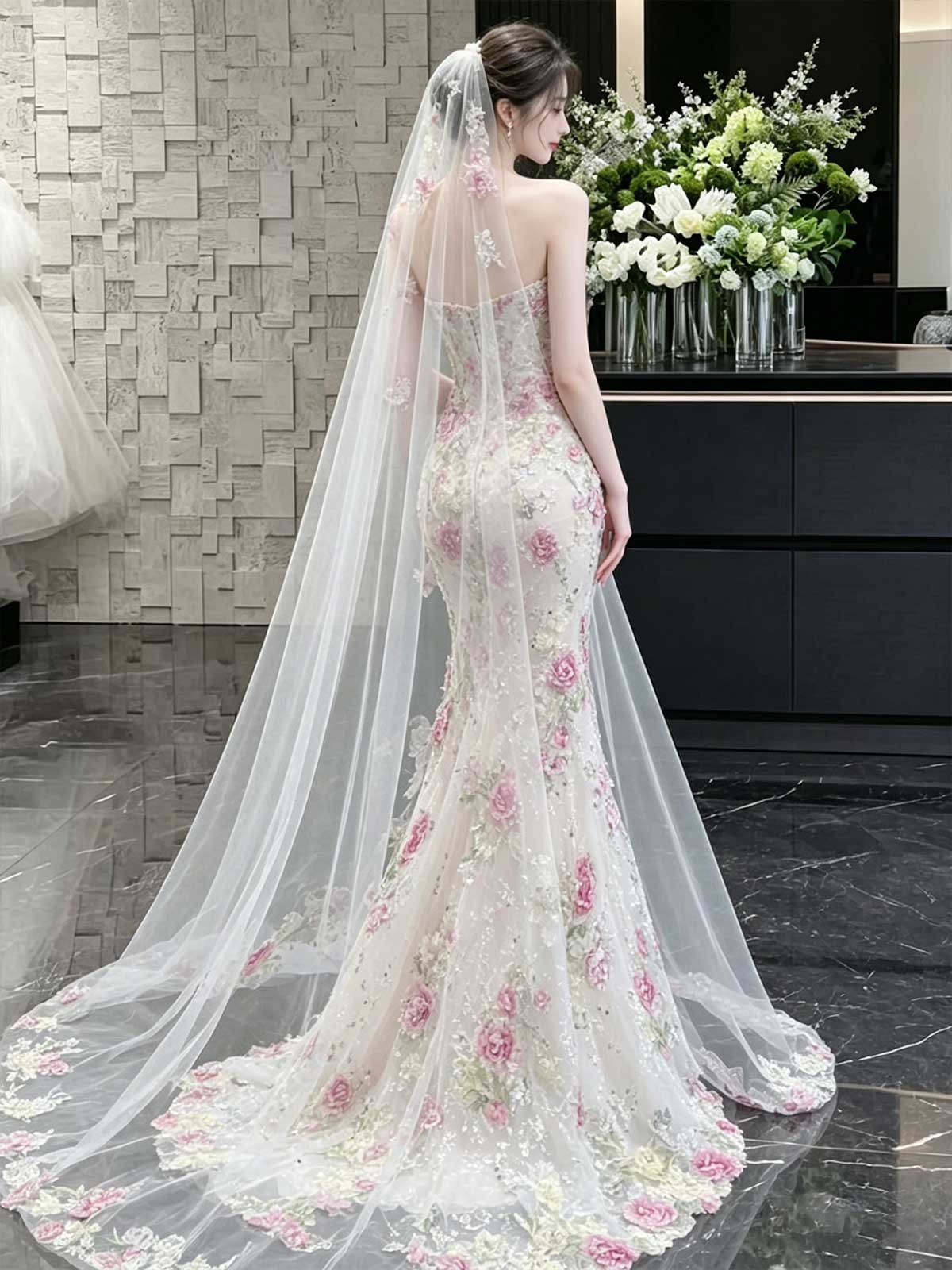 Ivory 3D Floral Embroidered Strapless Mermaid Wedding Dress with Veil