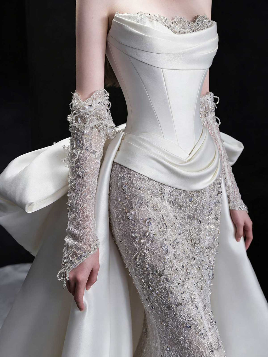 Elegant White Lace Satin Mermaid Wedding Dress with Detachable Train