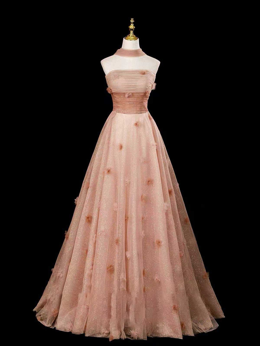 Dusty Pink Halter Glitter Tulle A-Line Evening Gown