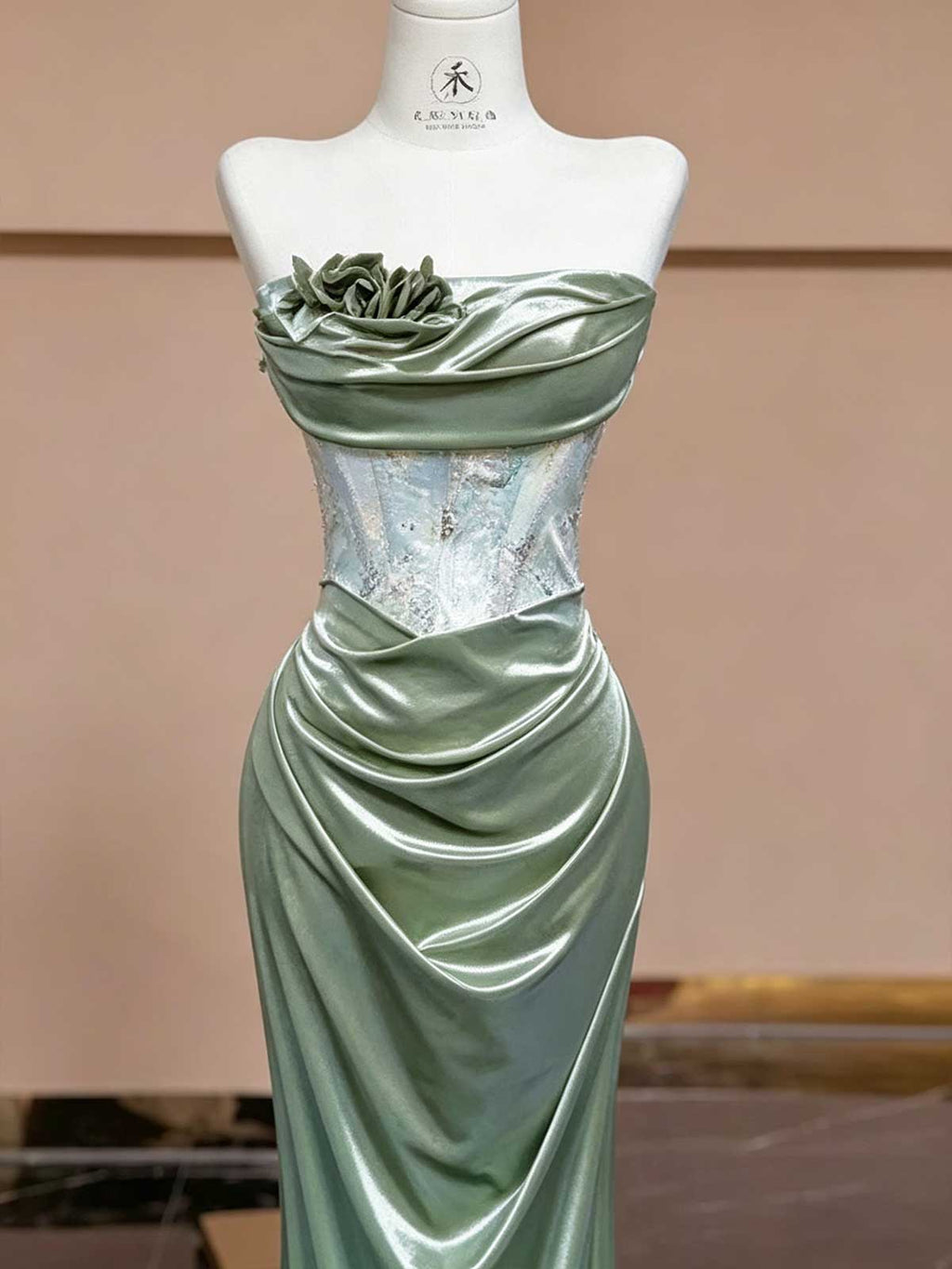 Sage Green Satin Evening Gown