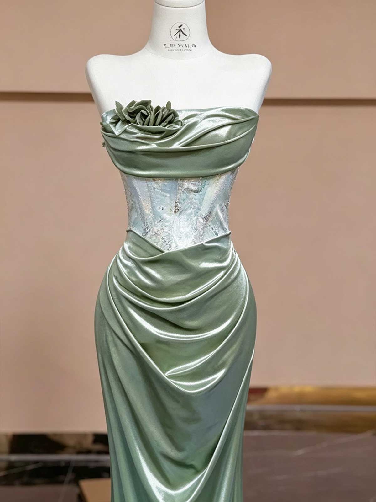 Sage Green Satin Evening Gown