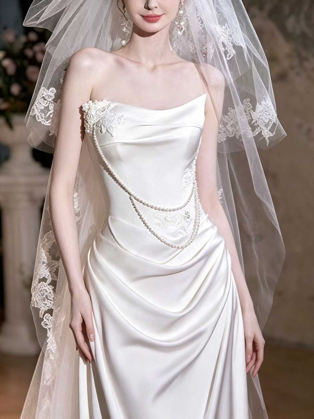 Strapless Satin Sheath Wedding Dress with Pearl Chain & Lace Veil