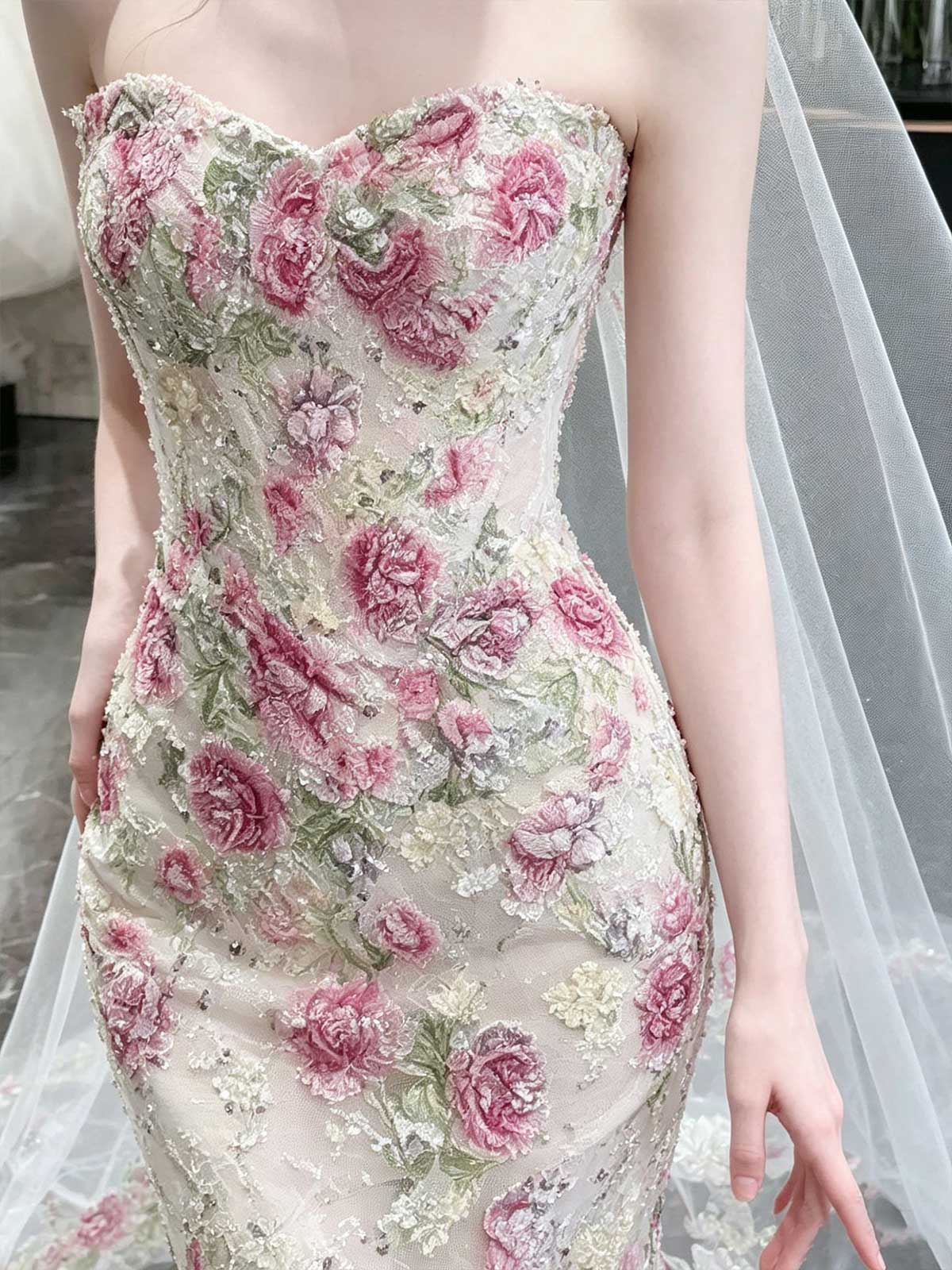 Ivory 3D Floral Embroidered Strapless Mermaid Wedding Dress with Veil