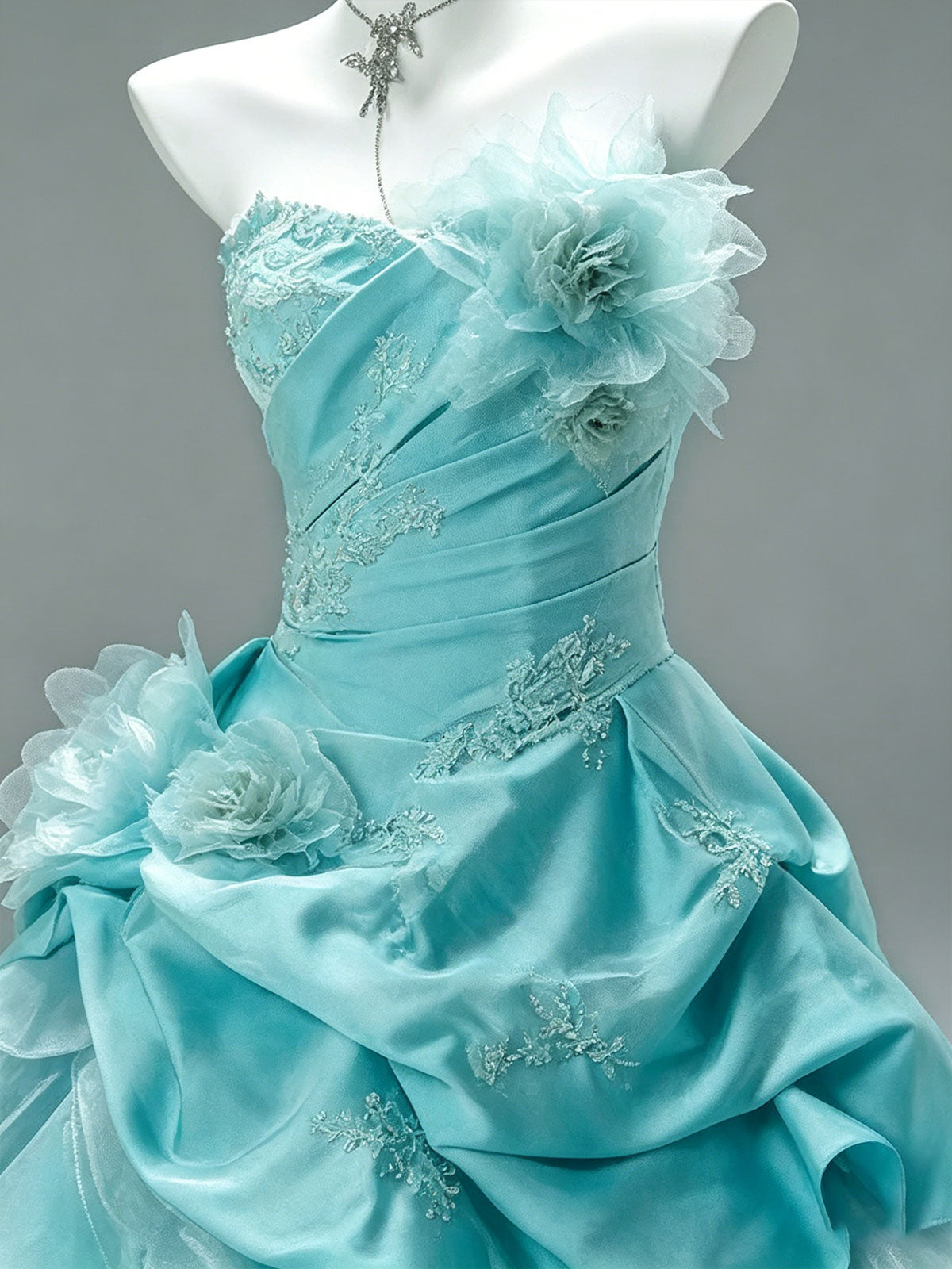 Strapless Aqua Floral Ruffle Layer Tulle A-Line Evening Ball Gown