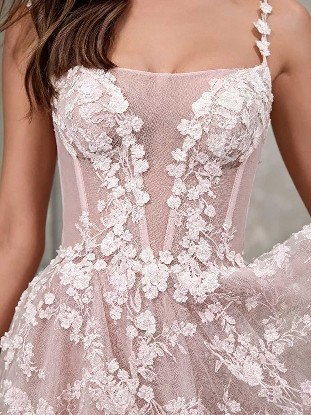 Blush Pink 3D Floral Applique Spaghetti Strap A-Line Prom Gown