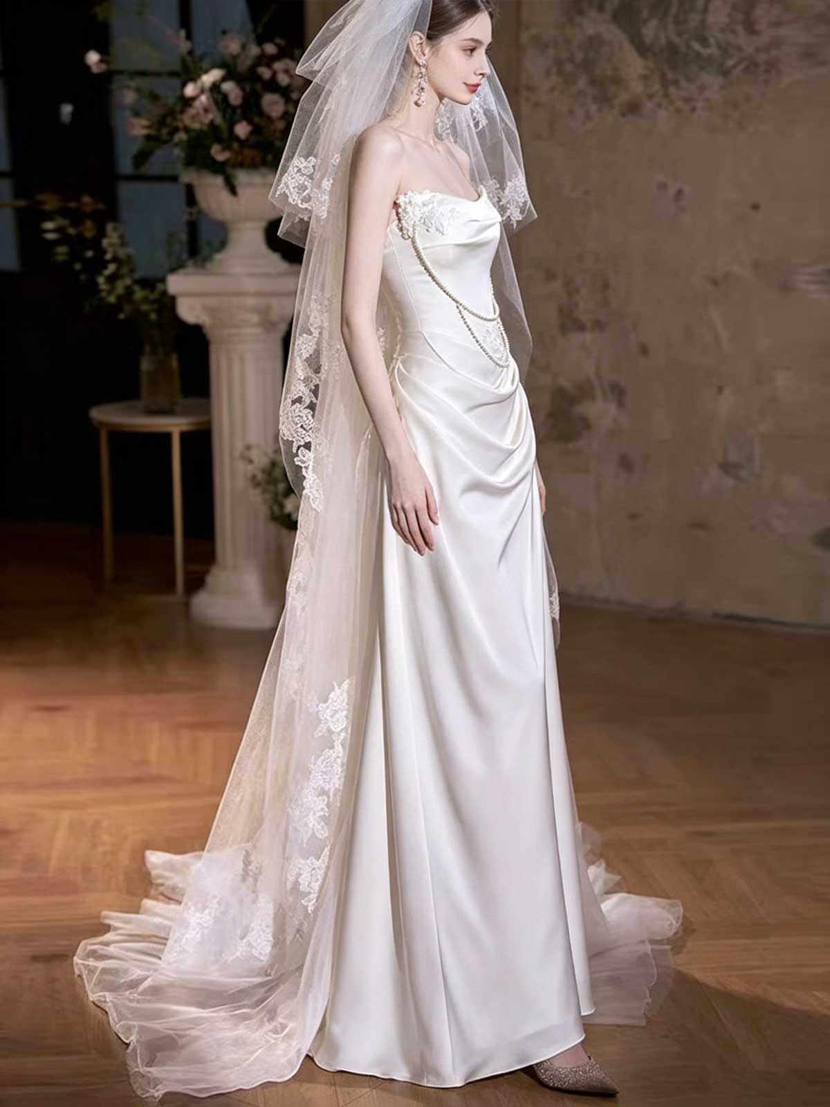 Strapless Satin Sheath Wedding Dress with Pearl Chain & Lace Veil