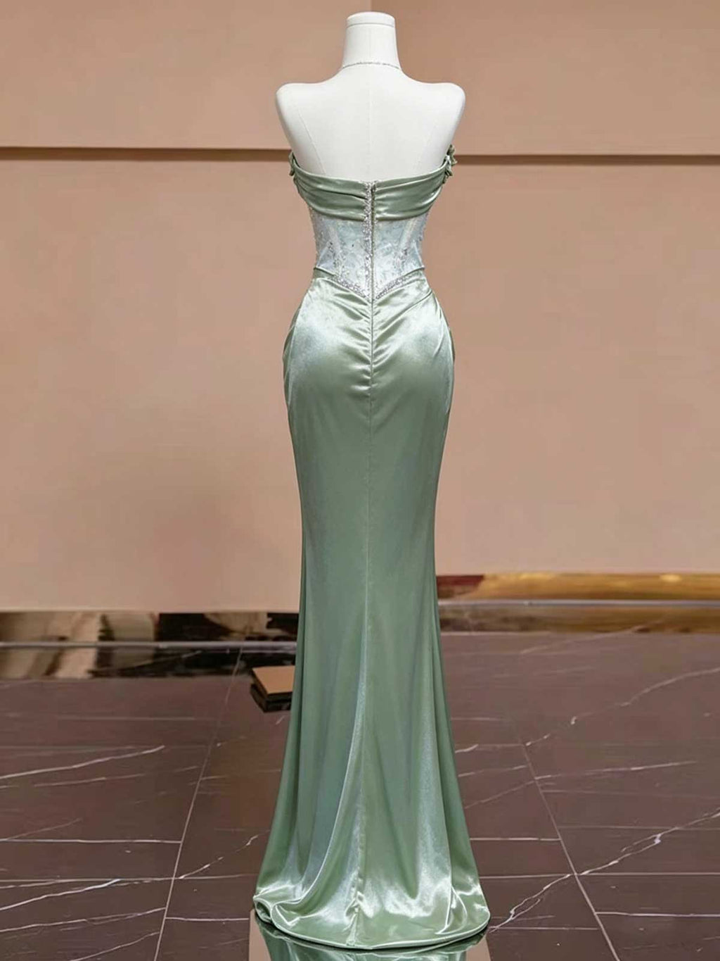 Sage Green Satin Evening Gown