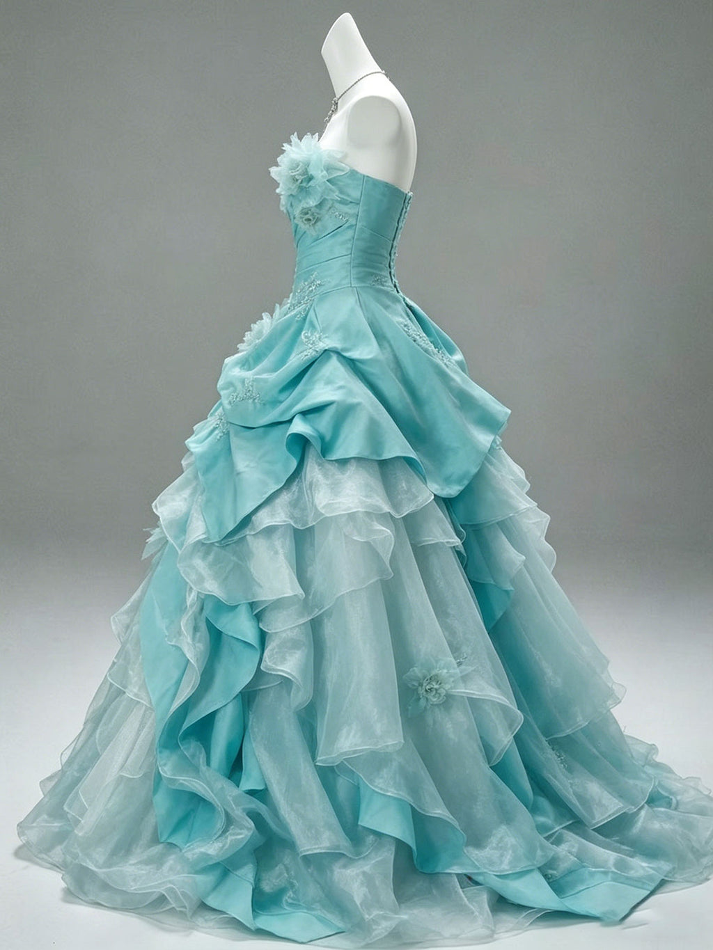 Strapless Aqua Floral Ruffle Layer Tulle A-Line Evening Ball Gown