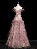 Dusty Pink Off-Shoulder Ruffled Glitter Tulle Ball Gown