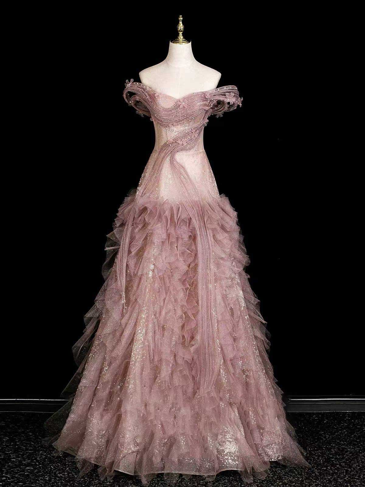 Dusty Pink Off-Shoulder Ruffled Glitter Tulle Ball Gown