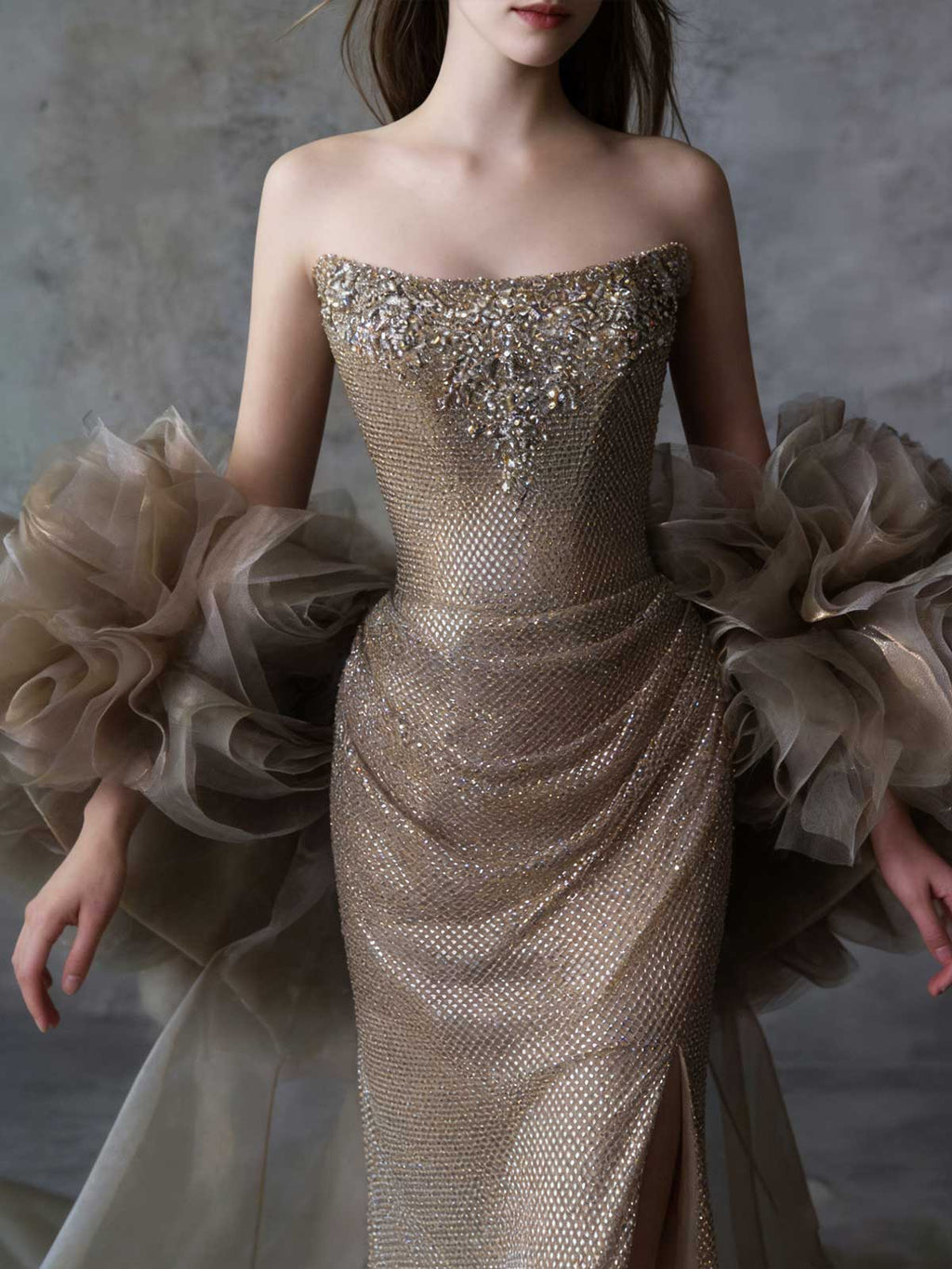 Glam Champagne Gold Rhinestone Mermaid Evening Gown with Puff Sleeves