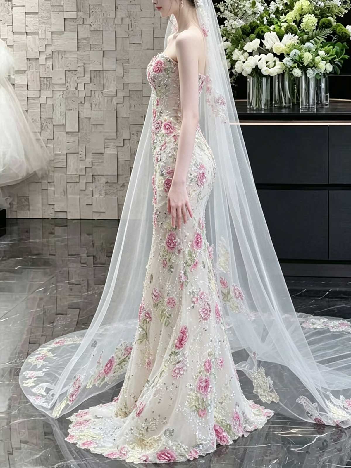 Ivory 3D Floral Embroidered Strapless Mermaid Wedding Dress with Veil
