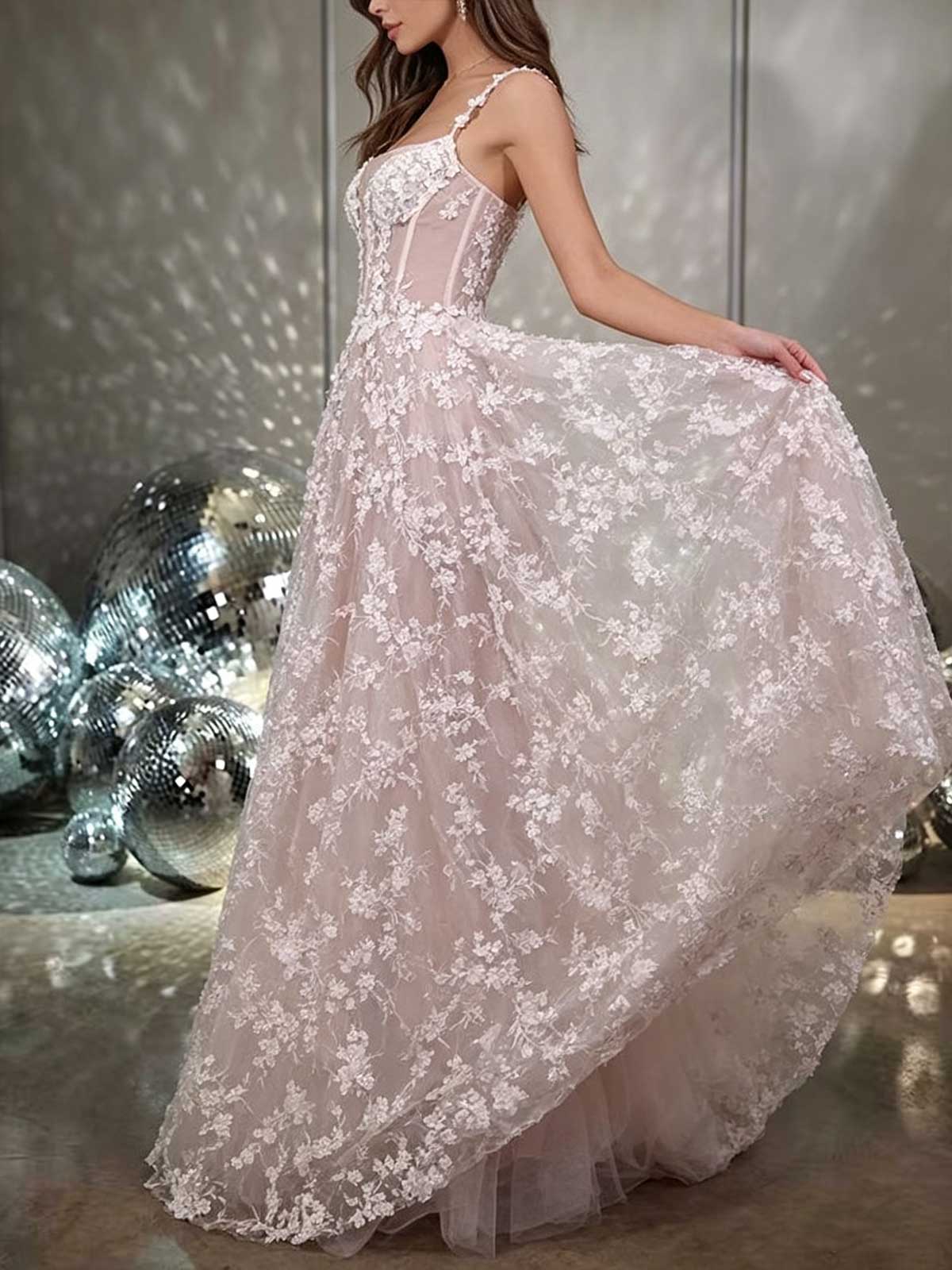 Blush Pink 3D Floral Applique Spaghetti Strap A-Line Prom Gown