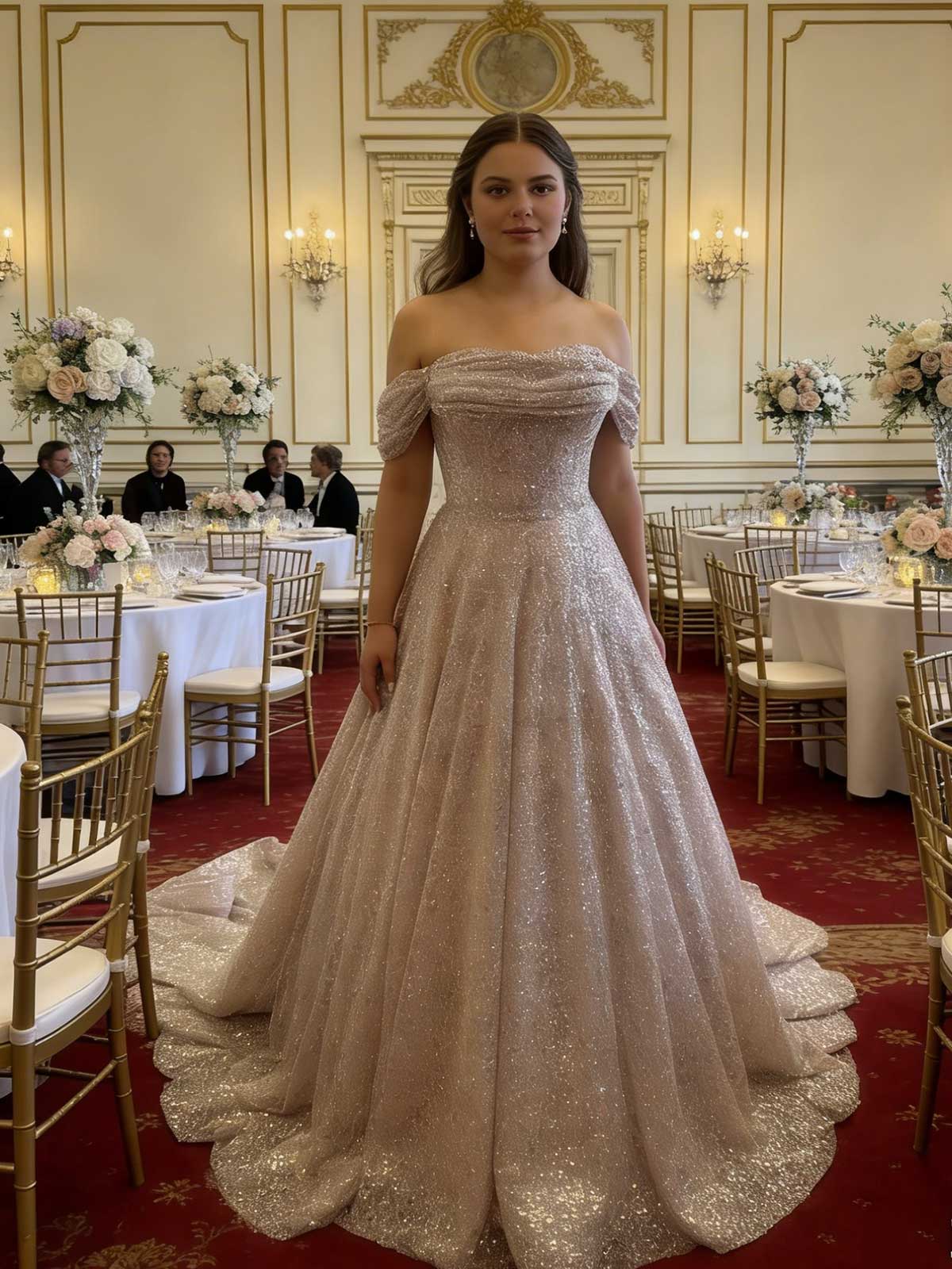 Elegant Rose Gold Sequin Formal Dress with Puff Sleeves - Perfect for Galas