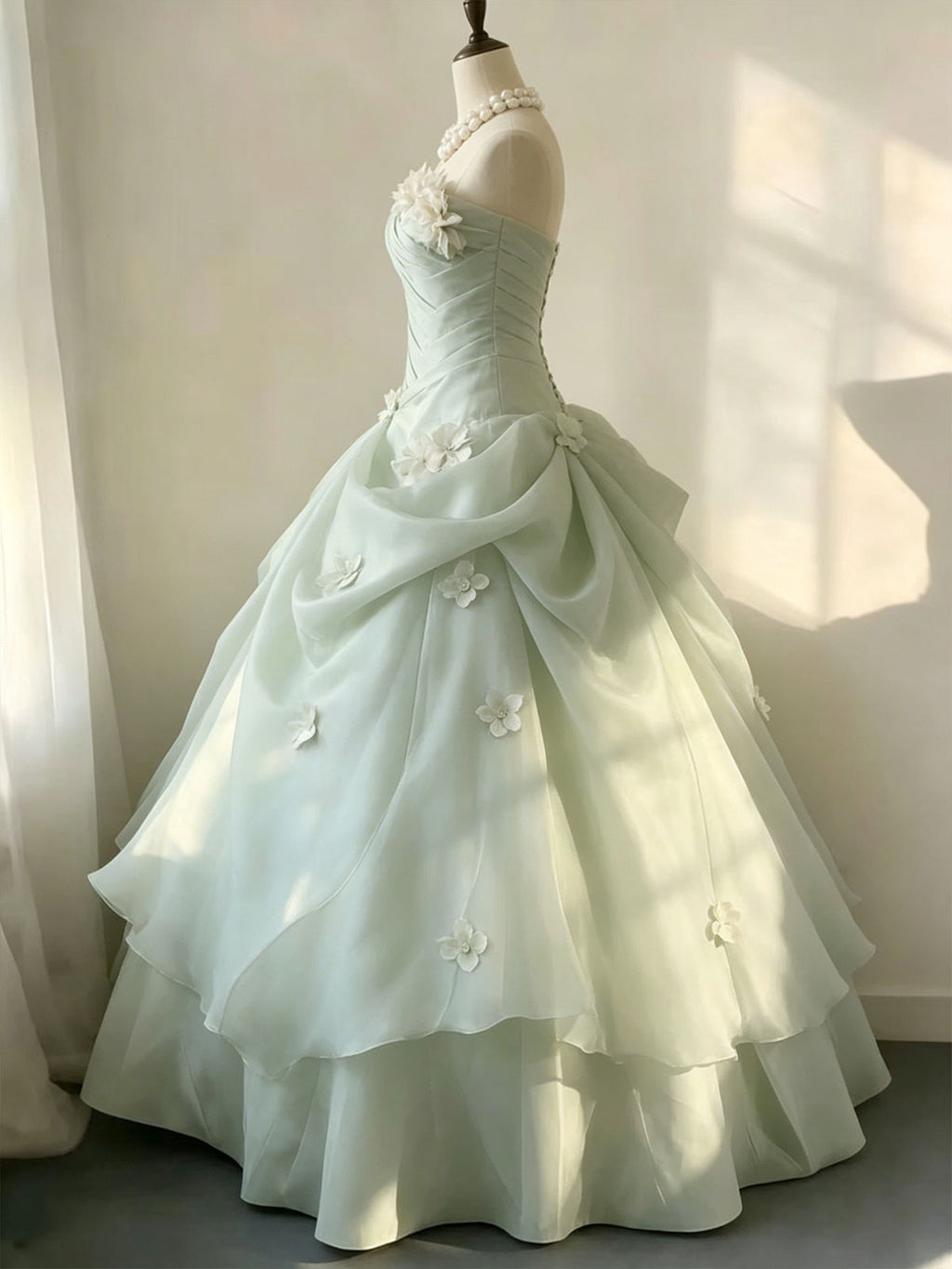 Strapless Mint Floral Draped Organza A-Line Ball Evening Gown