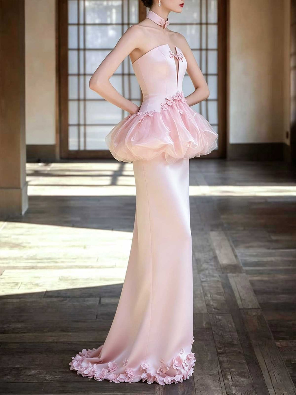 Blush Pink Strapless Satin Mermaid Evening Gown with Peplum and Floral Appliqués