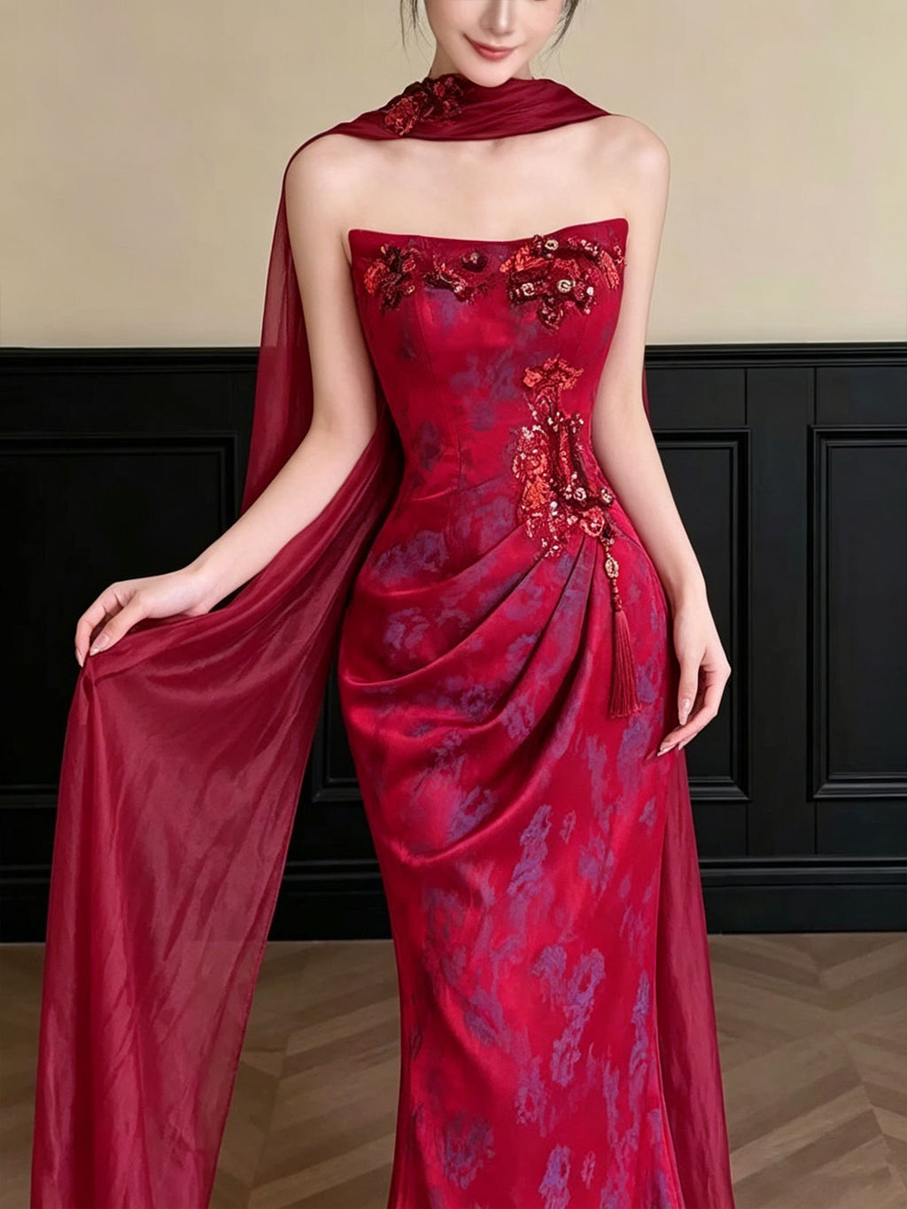 Red Strapless Jacquard Mermaid Evening Gown with Embroidery & Sheer Shawl