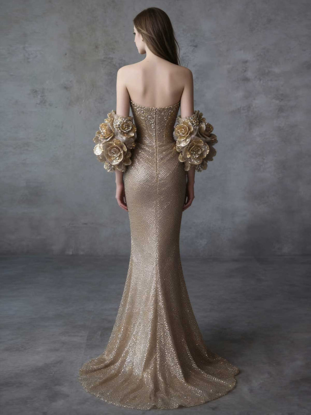 Glam Champagne Gold Rhinestone Mermaid Evening Gown with Puff Sleeves