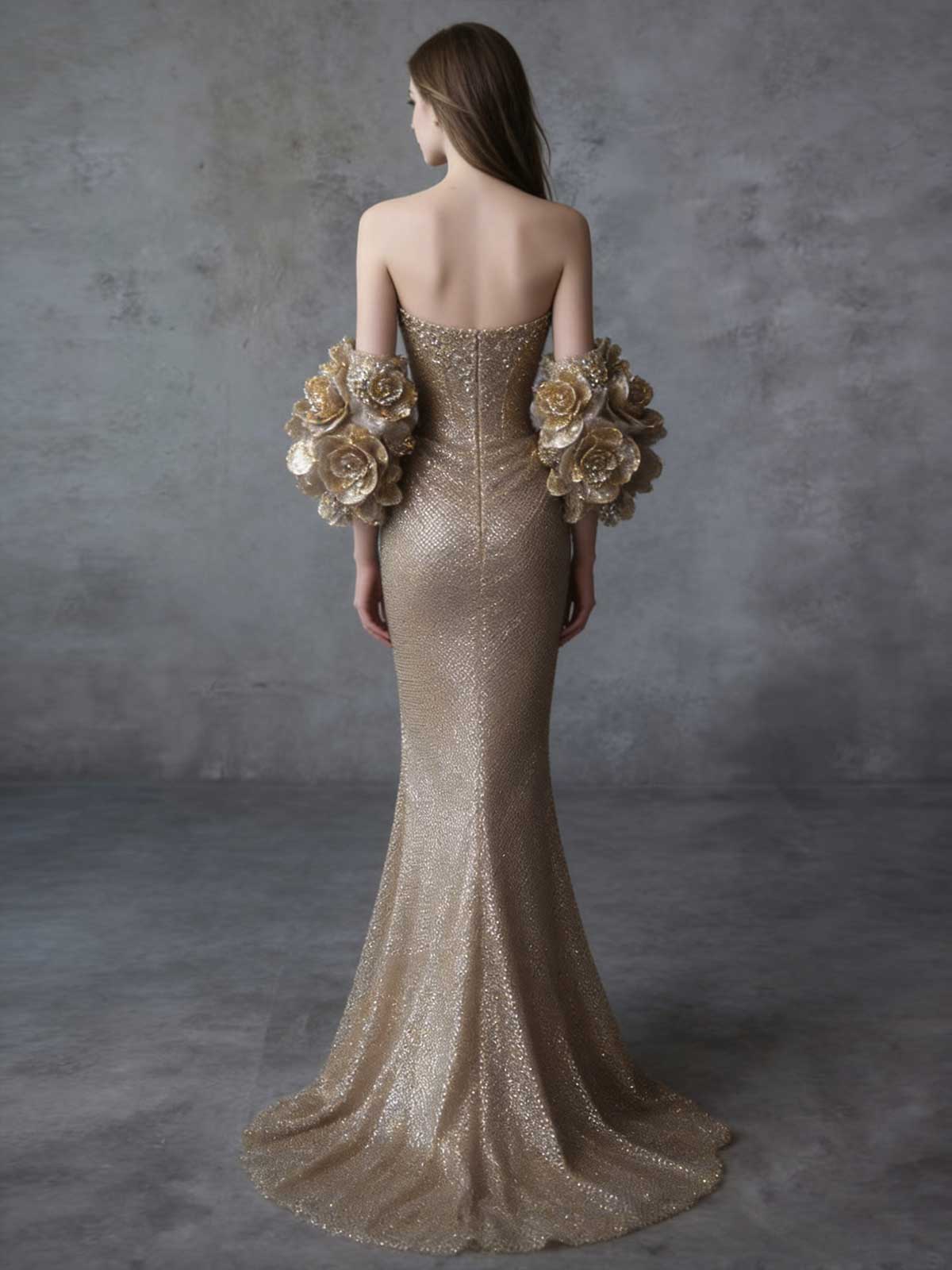 Glam Champagne Gold Rhinestone Mermaid Evening Gown with Puff Sleeves