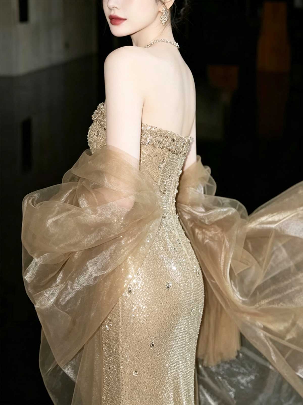Champagne Gold Beaded Strapless Mermaid Evening Gown with Tulle Sleeves