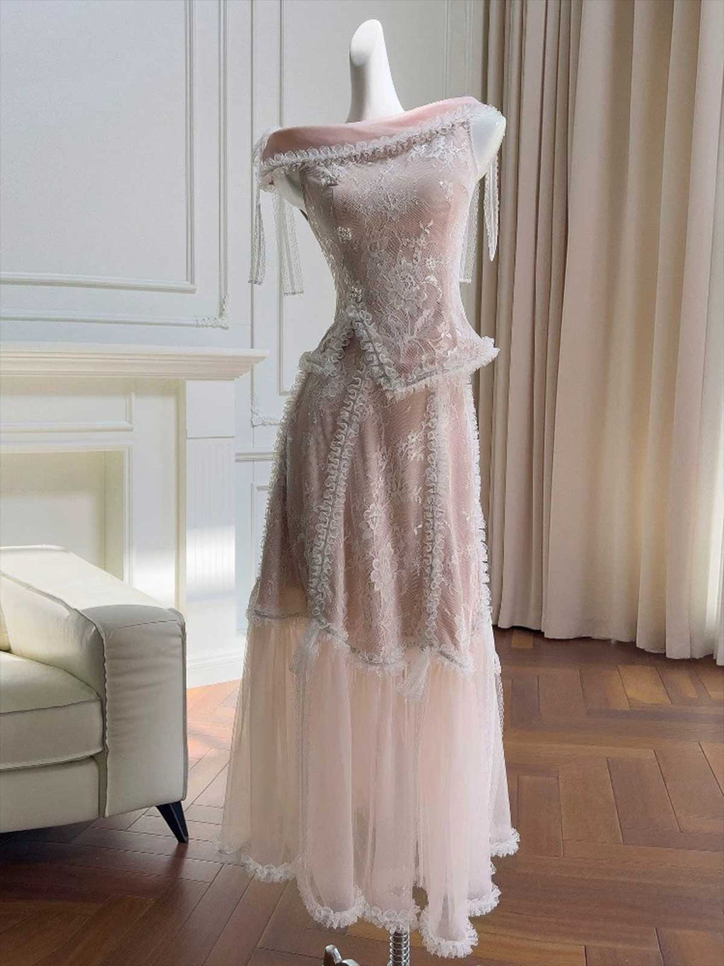 Vintage Dusty Pink Lace Off-Shoulder Midi Dress