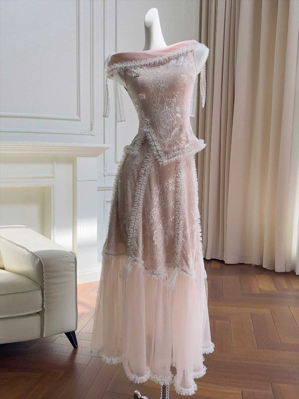 Vintage Dusty Pink Lace Off-Shoulder Midi Dress
