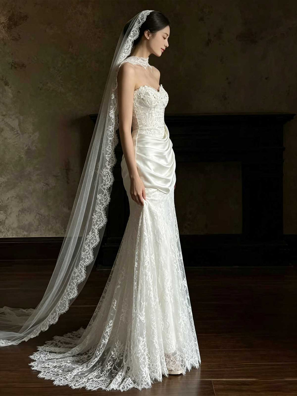 Vintage Lace & Satin Strapless Mermaid Wedding Dress with Sheer Neckline