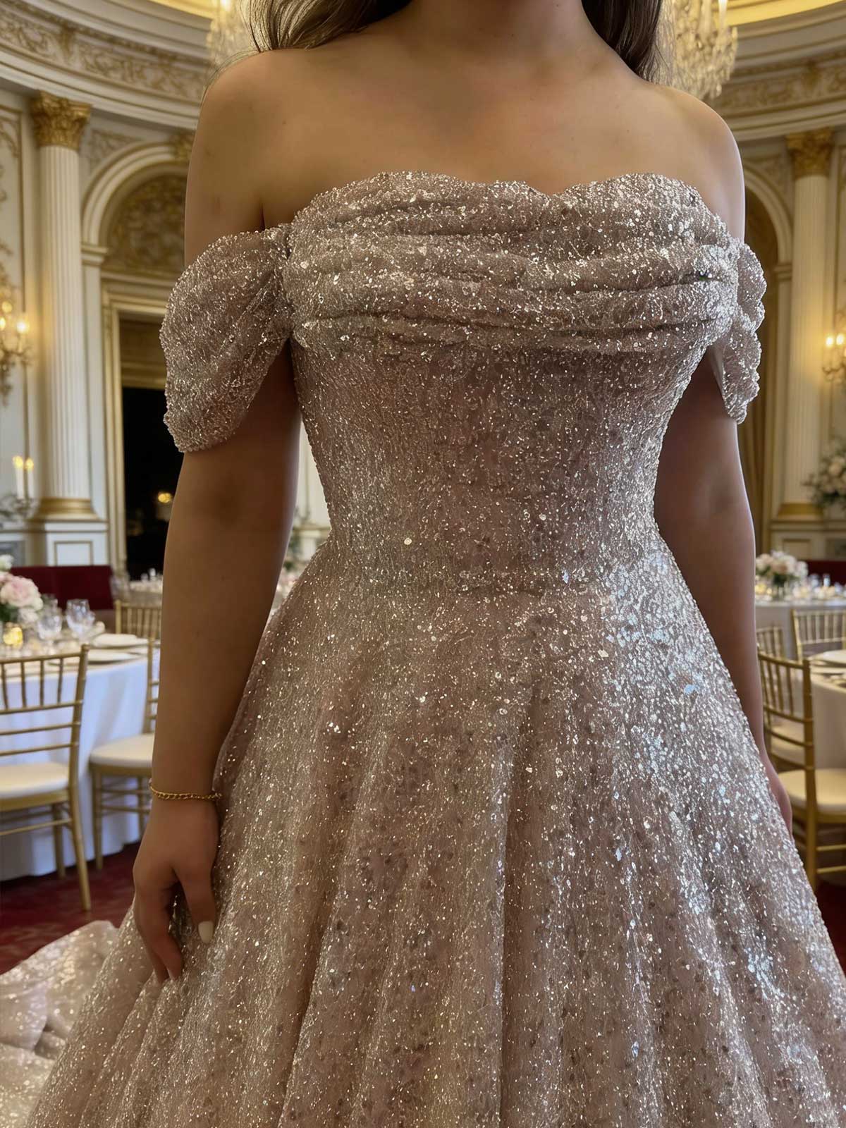 Elegant Rose Gold Sequin Formal Dress with Puff Sleeves - Perfect for Galas