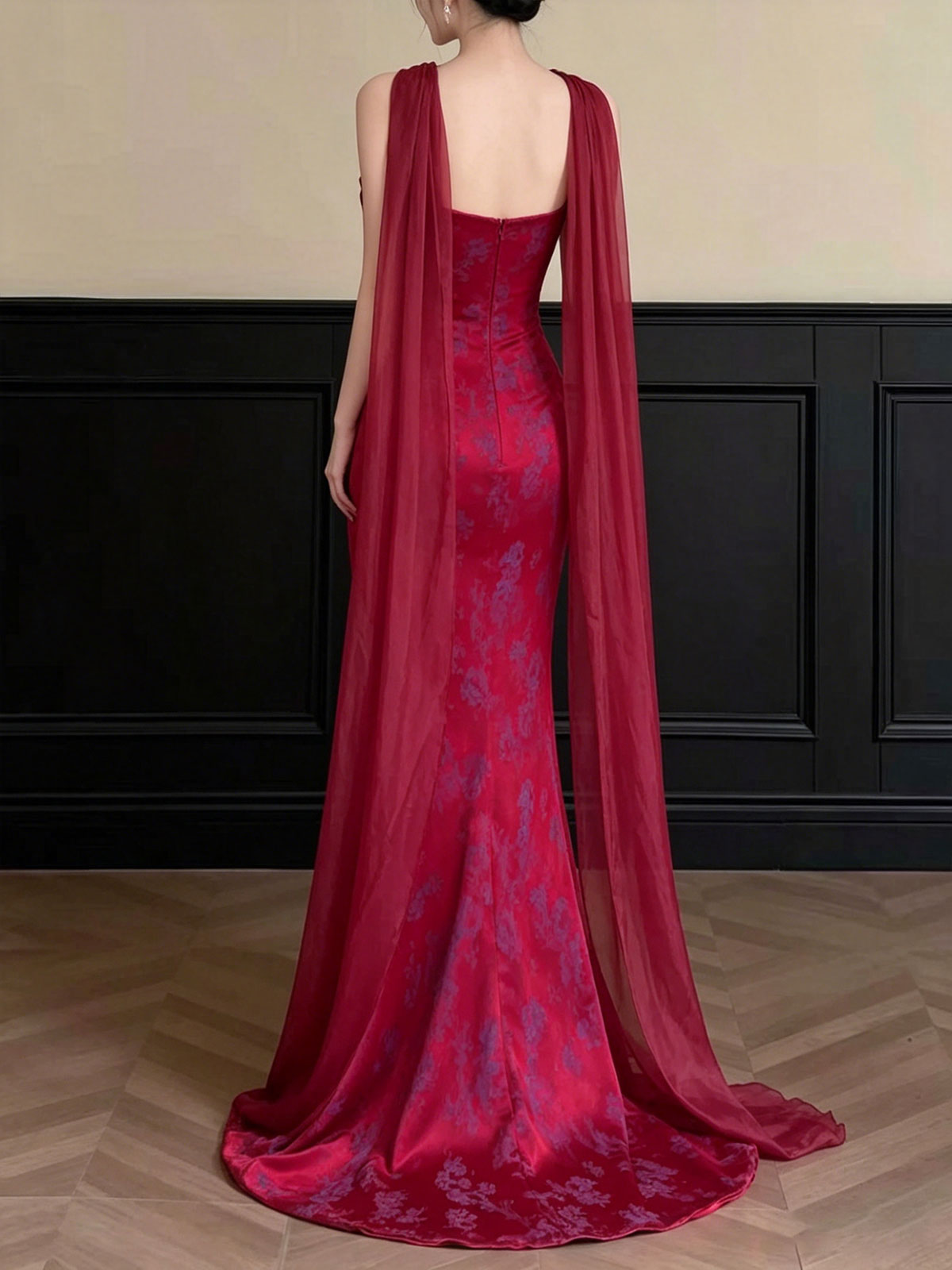 Red Strapless Jacquard Mermaid Evening Gown with Embroidery & Sheer Shawl
