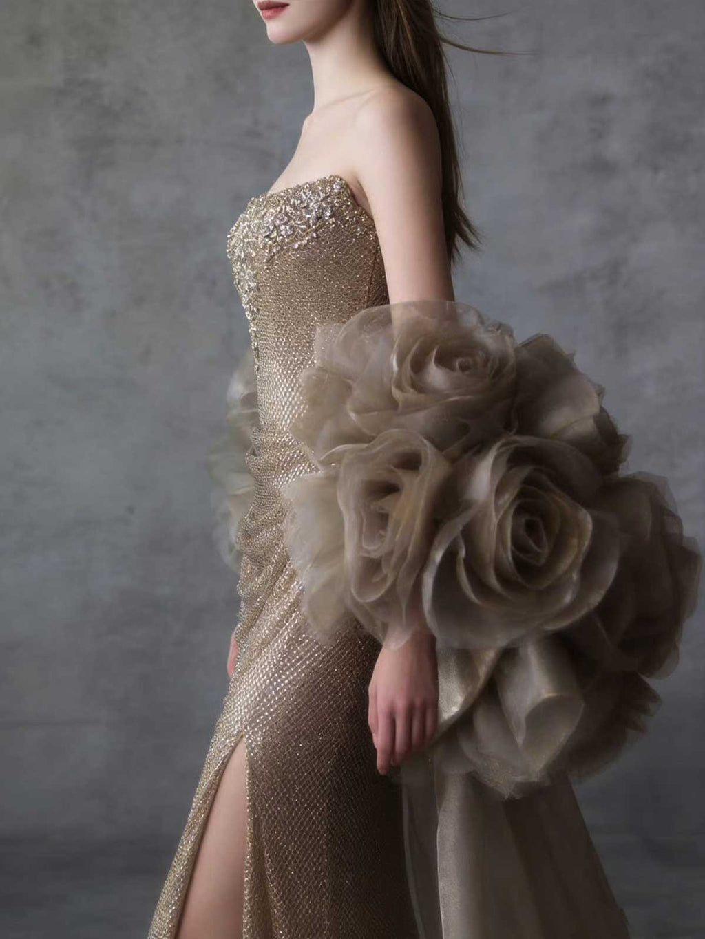 Glam Champagne Gold Rhinestone Mermaid Evening Gown with Puff Sleeves