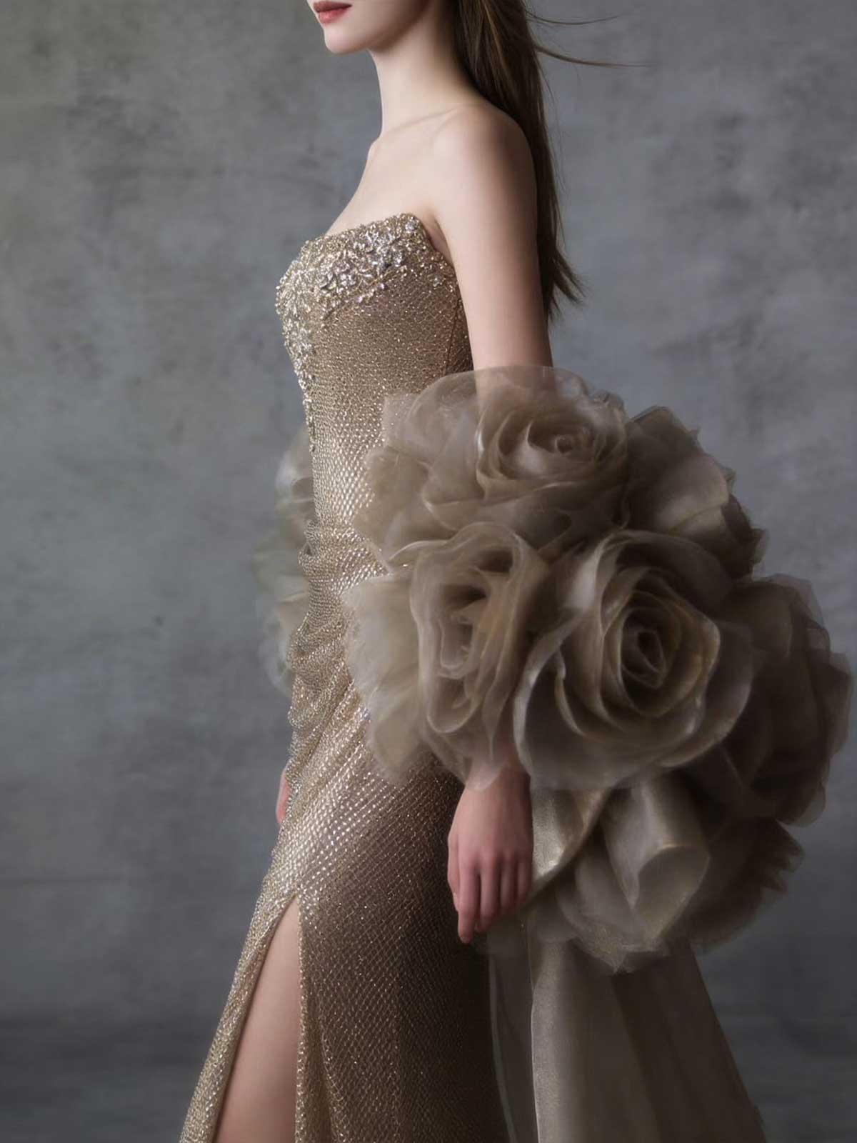 Glam Champagne Gold Rhinestone Mermaid Evening Gown with Puff Sleeves