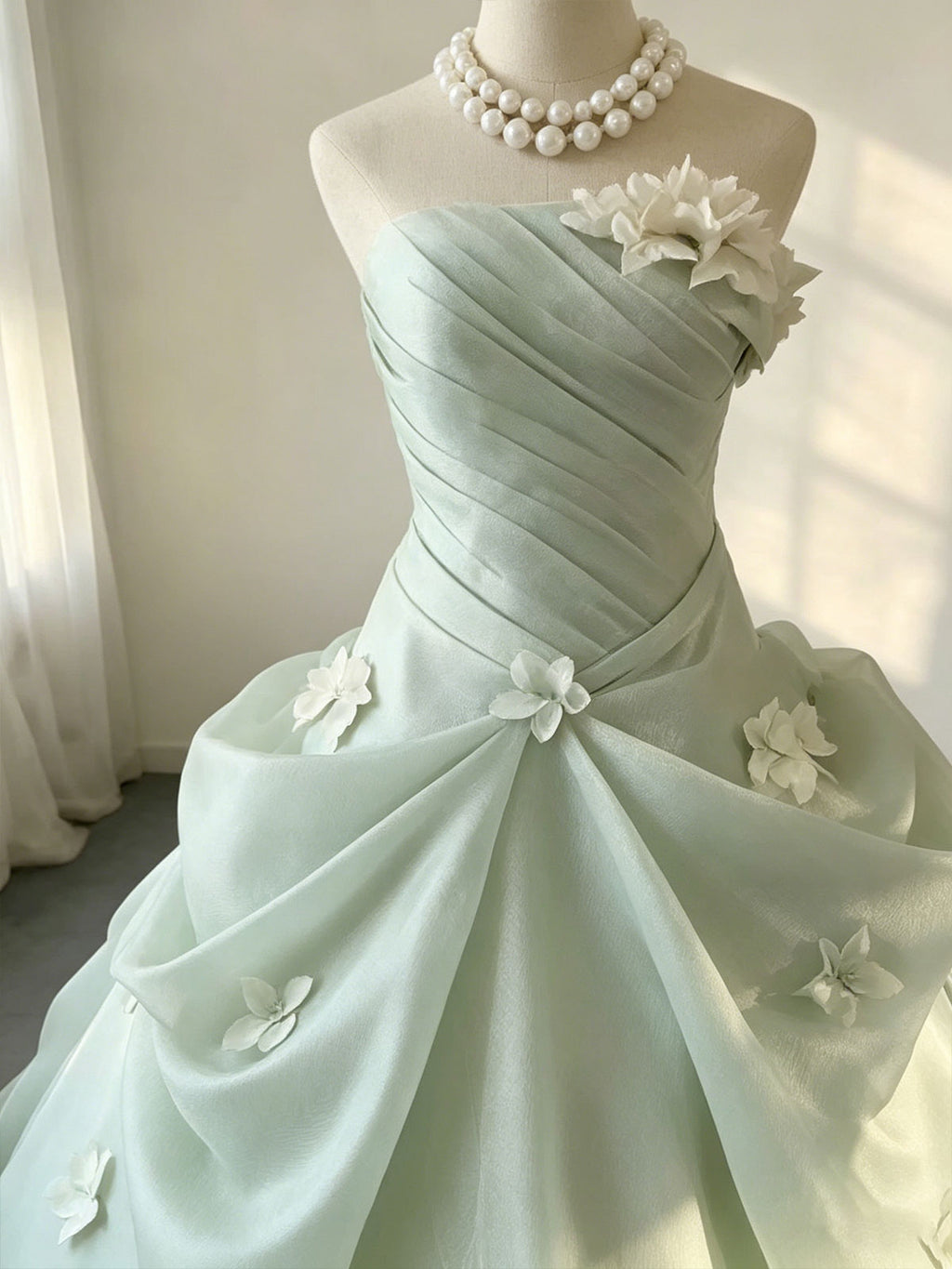 Strapless Mint Floral Draped Organza A-Line Ball Evening Gown