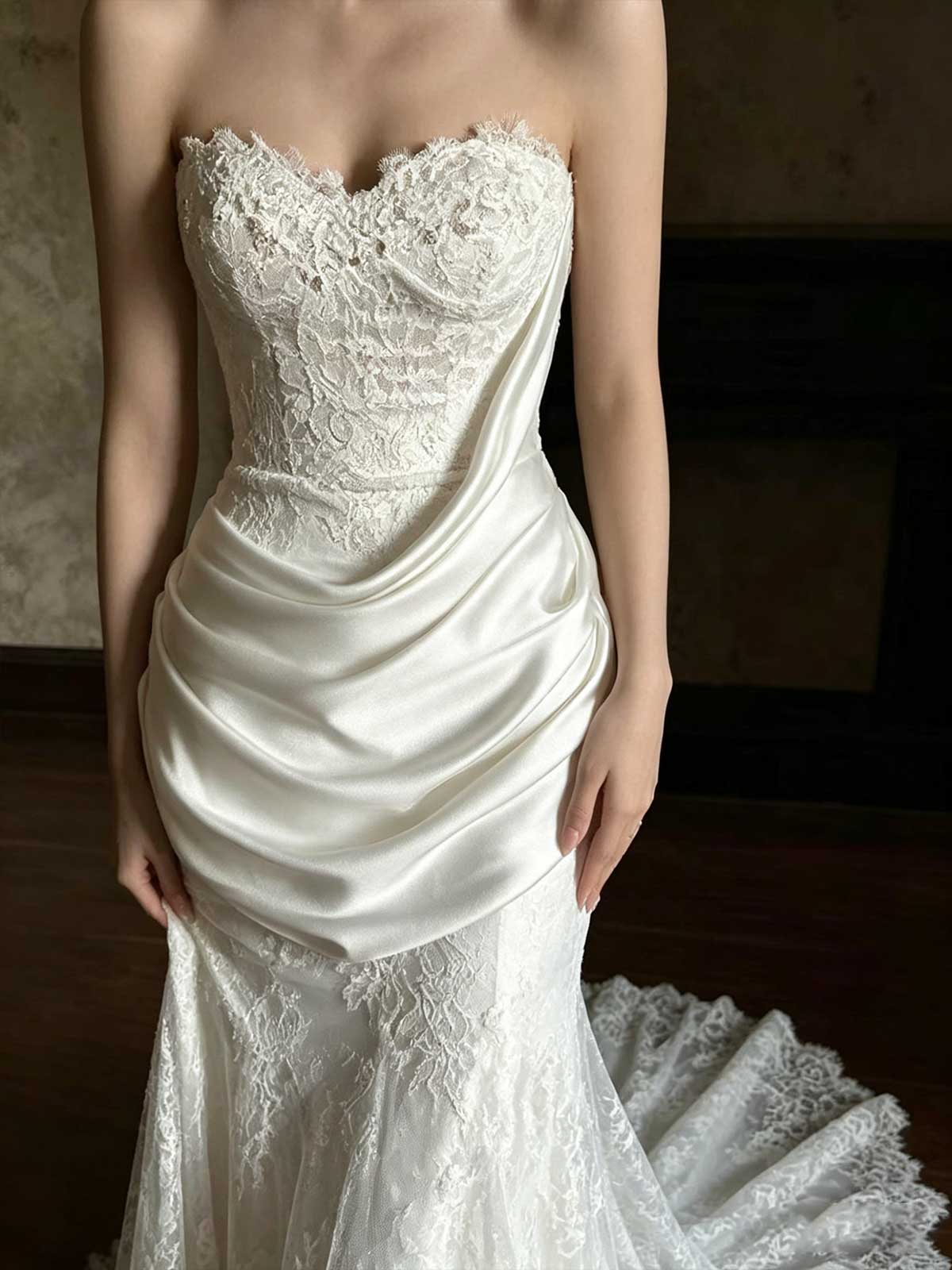 Vintage Lace & Satin Strapless Mermaid Wedding Dress with Sheer Neckline