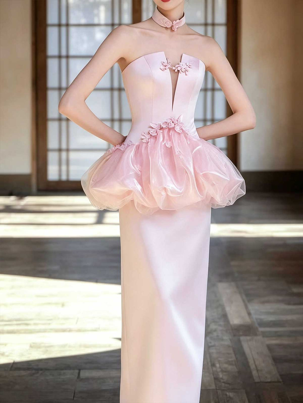 Blush Pink Strapless Satin Mermaid Evening Gown with Peplum and Floral Appliqués
