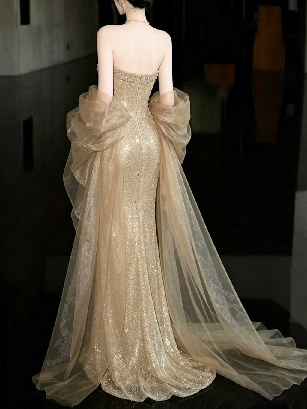 Champagne Gold Beaded Strapless Mermaid Evening Gown with Tulle Sleeves
