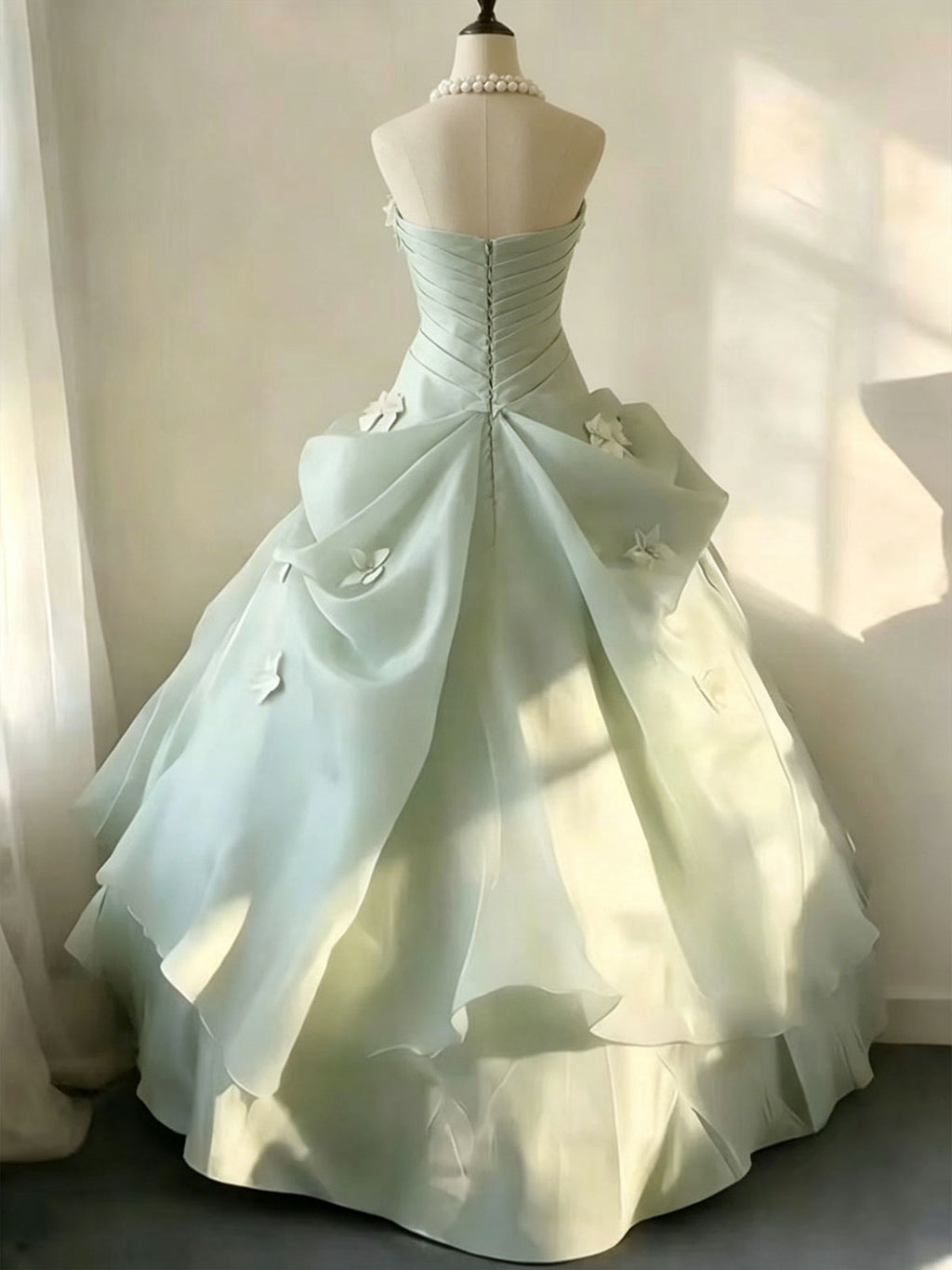 Strapless Mint Floral Draped Organza A-Line Ball Evening Gown