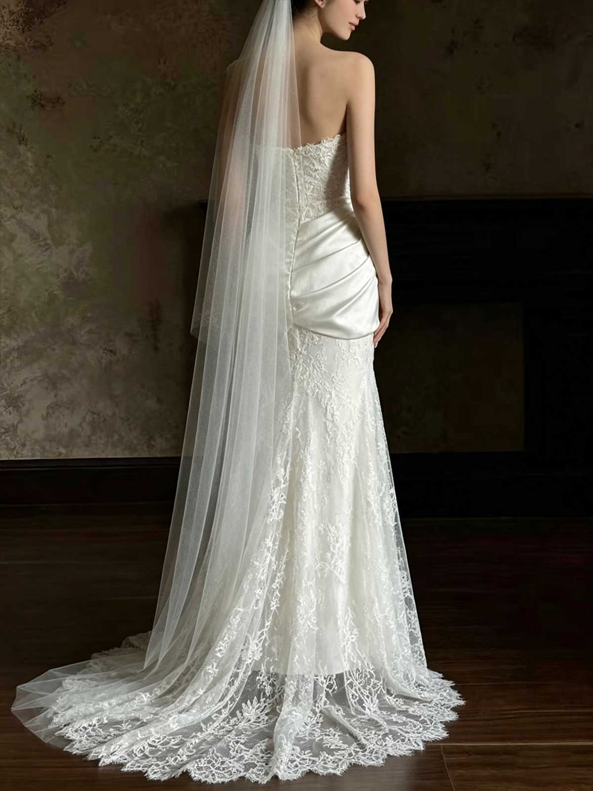 Vintage Lace & Satin Strapless Mermaid Wedding Dress with Sheer Neckline