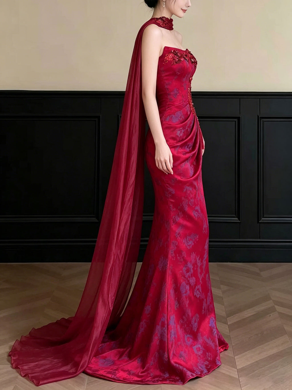 Red Strapless Jacquard Mermaid Evening Gown with Embroidery & Sheer Shawl