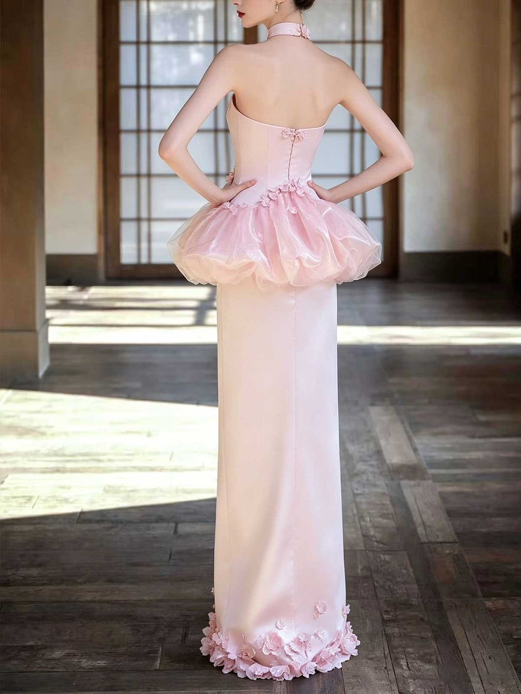 Blush Pink Strapless Satin Mermaid Evening Gown with Peplum and Floral Appliqués