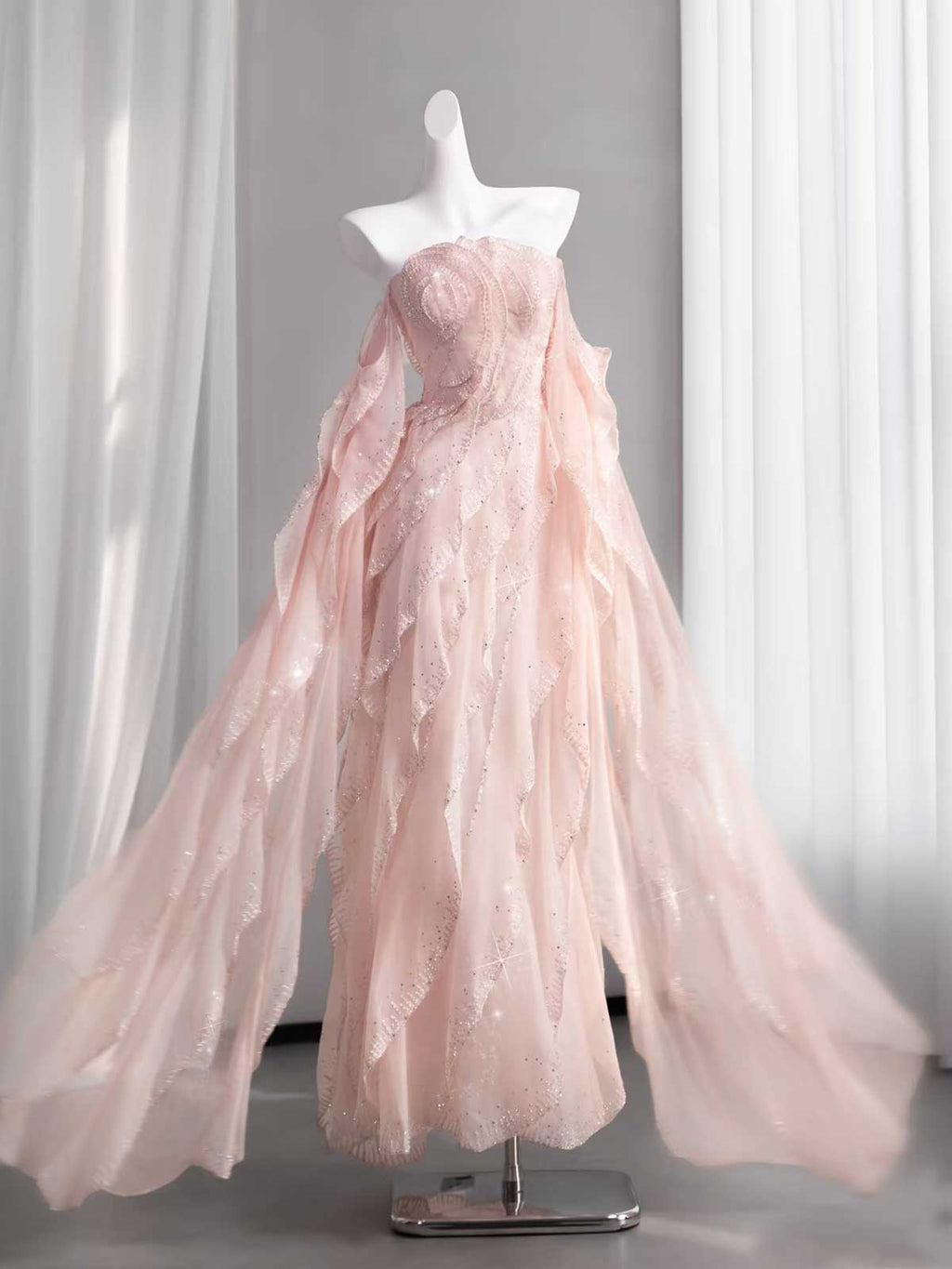 Dusty Pink Strapless Ruffled Glitter Tulle Evening Gown