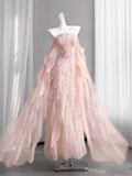Dusty Pink Strapless Ruffled Glitter Tulle Evening Gown