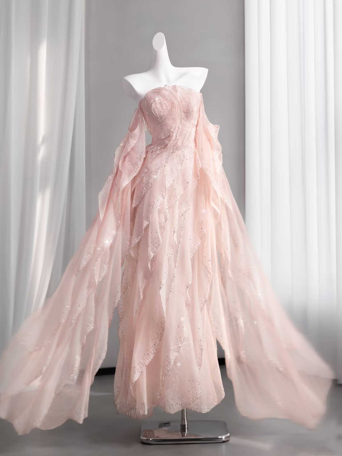 Dusty Pink Strapless Ruffled Glitter Tulle Evening Gown